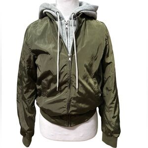 Women’s Olive Green Bomber Jacket with Gray Hoodie and Pockets